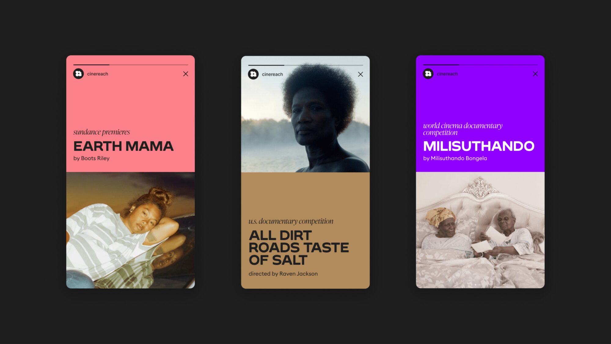 Mock-ups showing the brand on three films: Earth Mama by Boots Riley, All Dirts Roads Taste of Salt, directed by Raven Jackson, and Milisuthando, by Milisuthando Bongela.