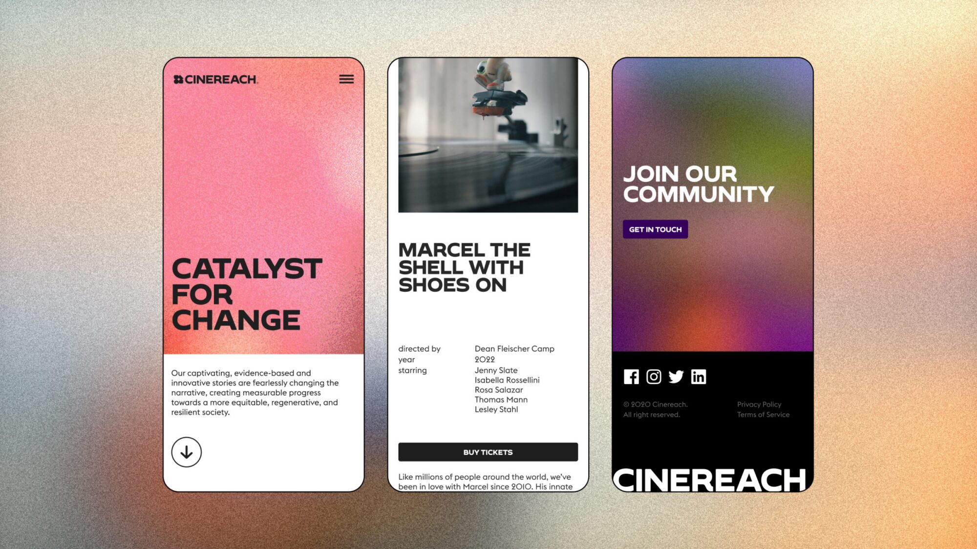 Three mobile devices demonstrating the brand. On the left, the screen says 