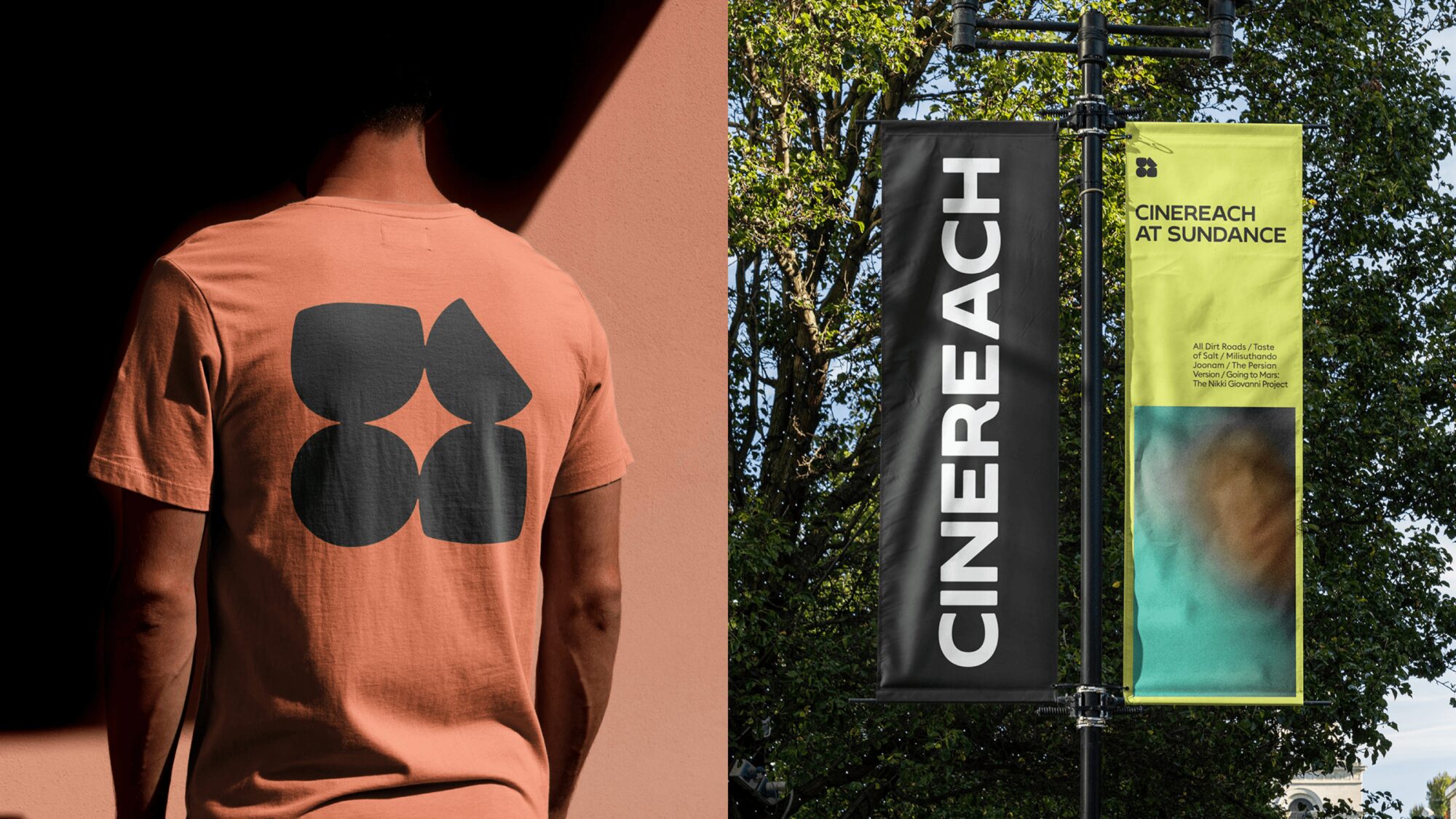 On the left is a man wearing a T-shirt with the Cinereach symbol on the back. On the right are two large banners featuring the brand, attached to a lamppost.