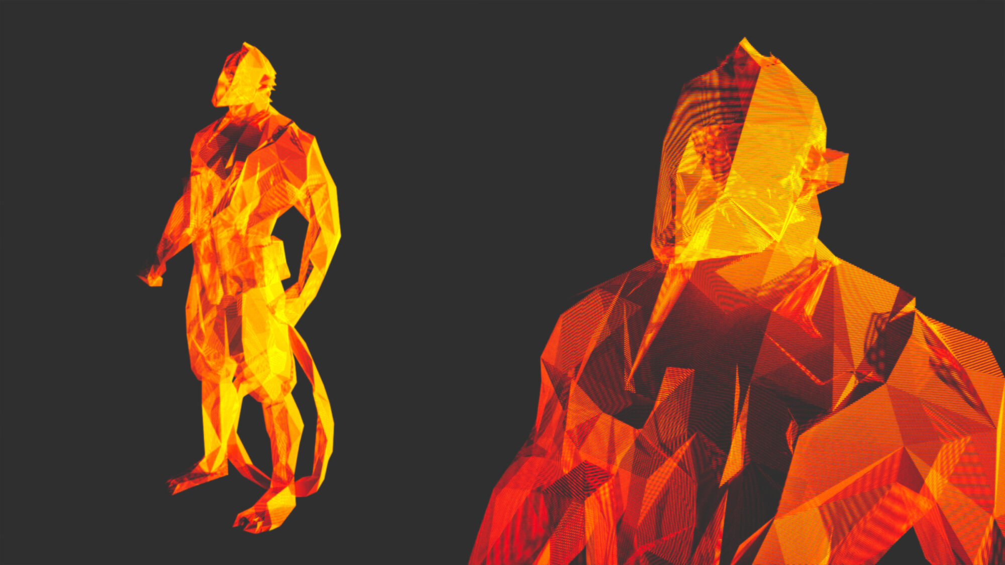 Two polygonal models 3D rendered in a fiery orange color