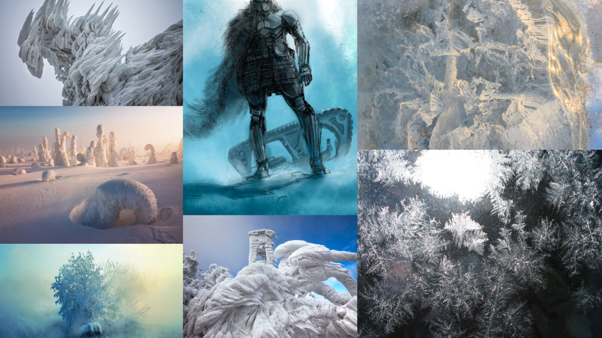 A montage of mood imagery in wintery landscapes covered in snow and ice.