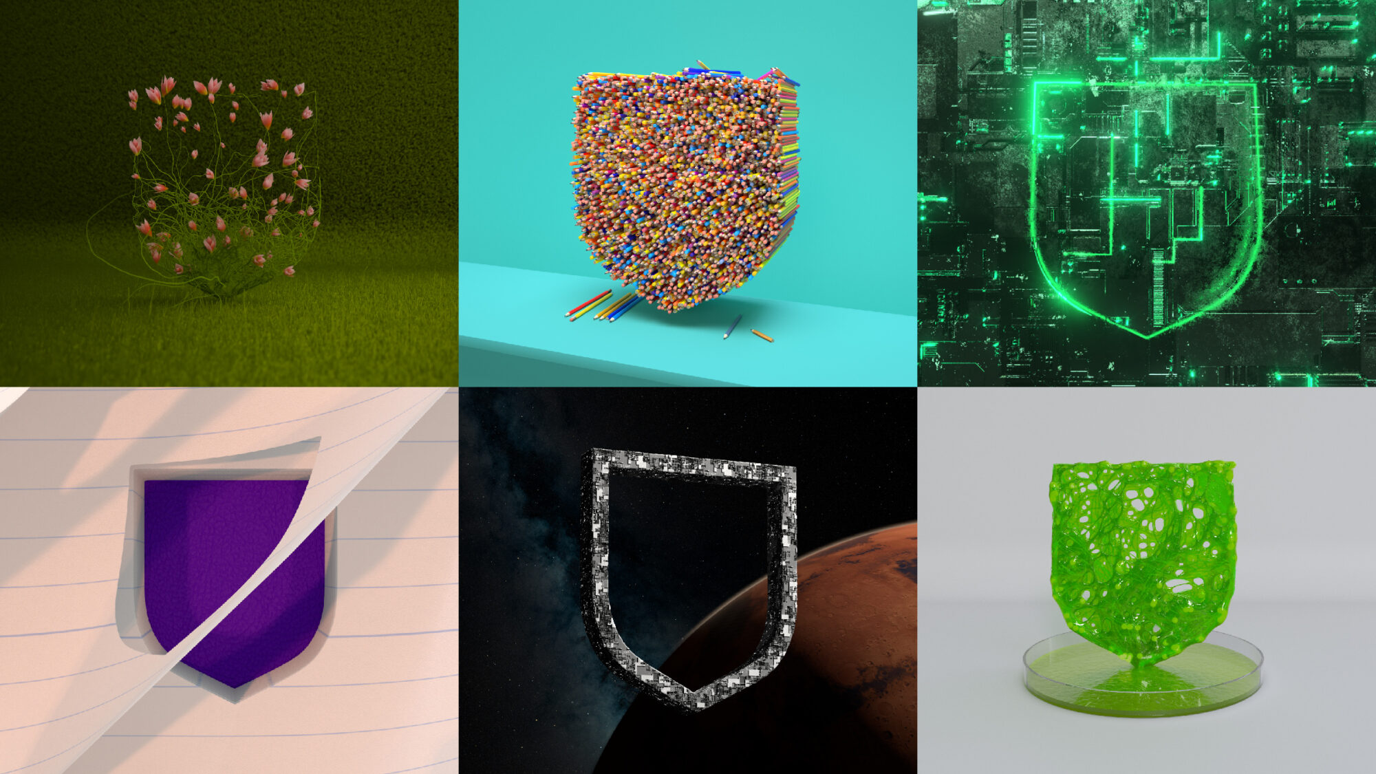 A grid of six different versions of the Cambridge logo, each made up of different elements like pencils or light beams.