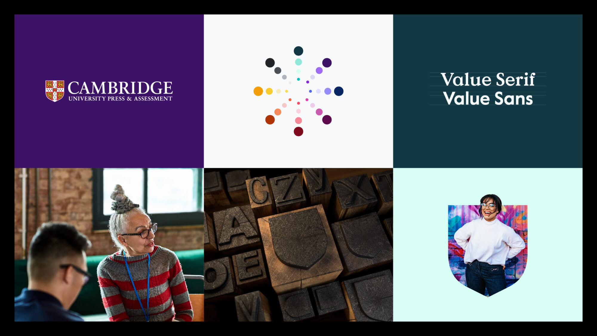 A grid of six brand system visuals showing the Cambridge logo, photography, colours and more.