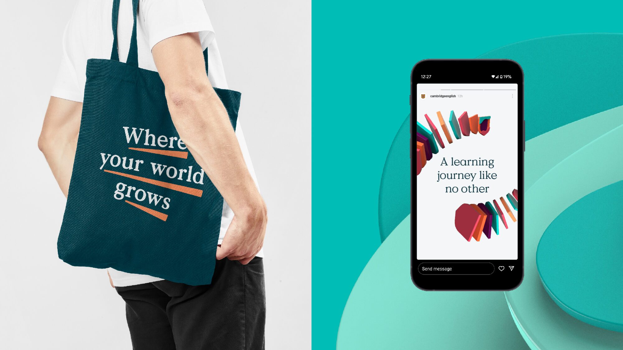 Two brand applications. On the left, a person carrying a tote bag with the text 