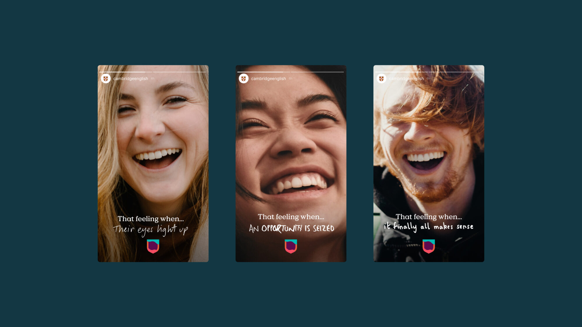 Three Instagram stories on a dark blue background showing people smiling into the camera with a text overlay.