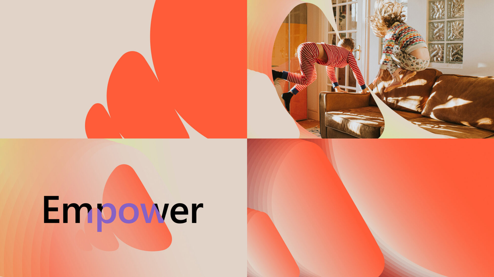 A grid of four visuals showing different brand patterns. The visual on the top right shows an image of children playing masked into the brand pattern.