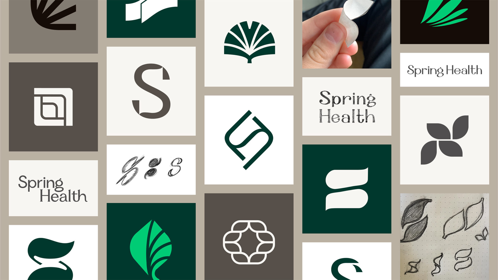A grid of logo exploration sketches for Spring Health