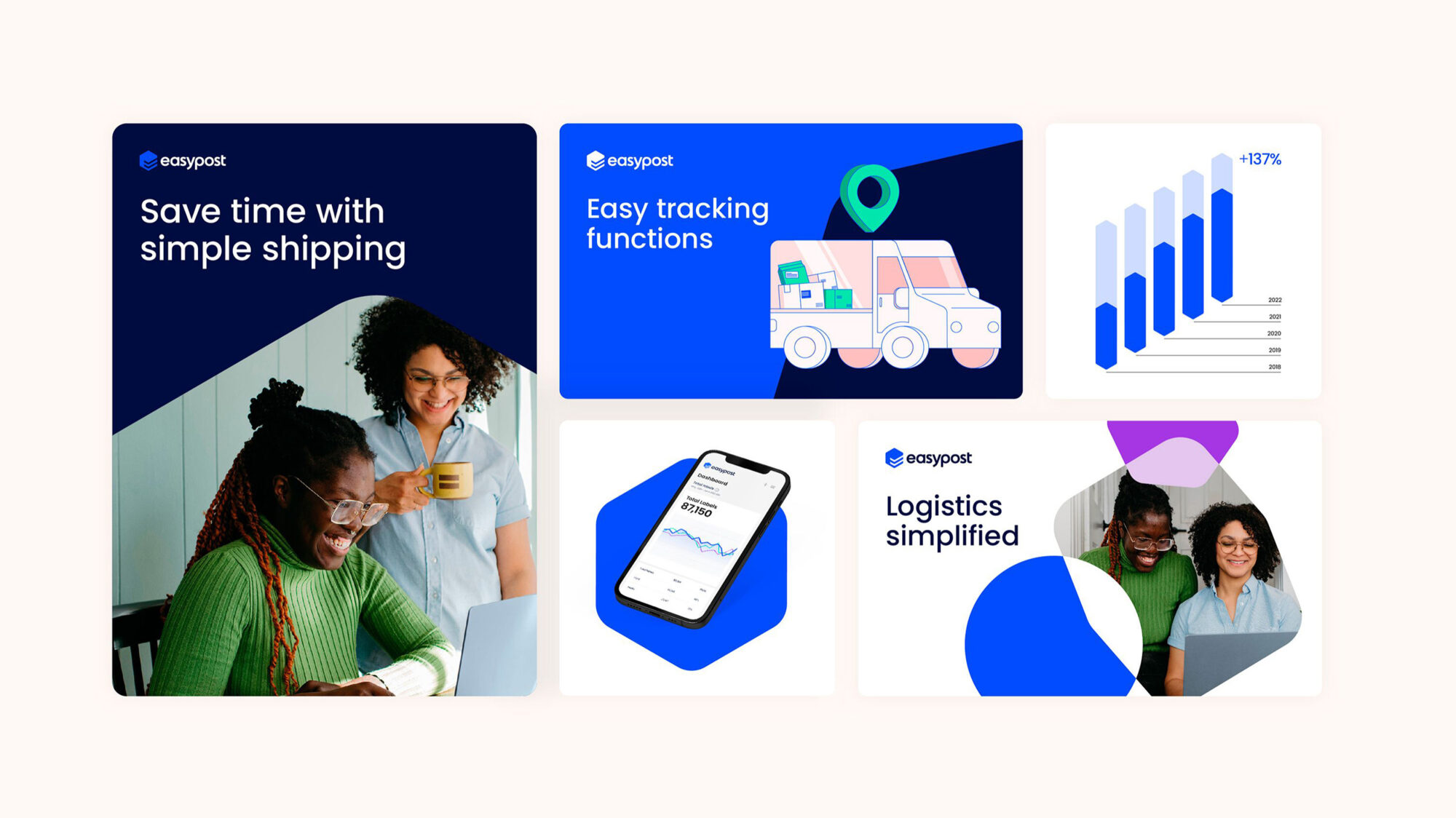 Five web pages showing the new brand in action.