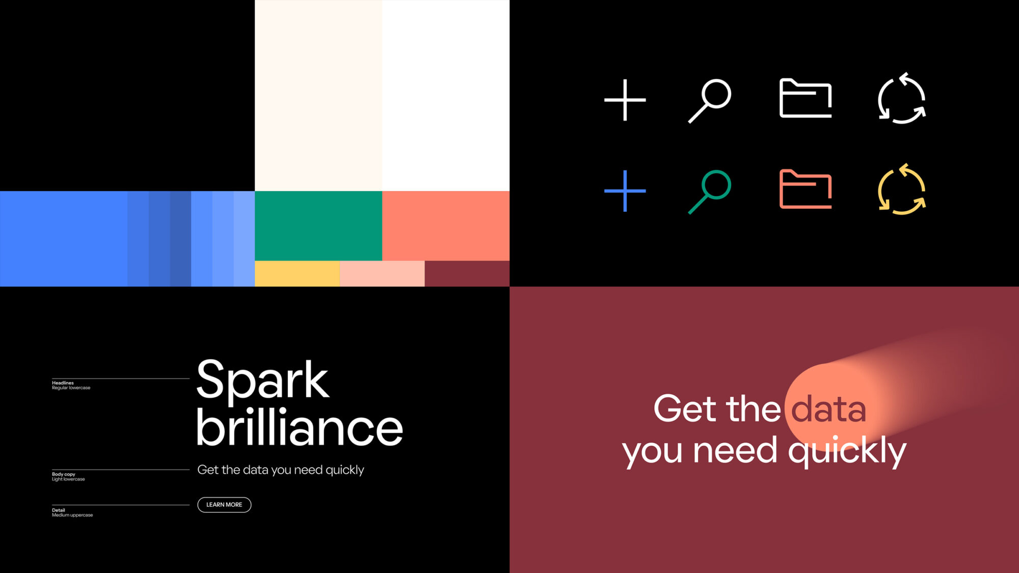 A grid of different brand elements ranging from colours to iconography.