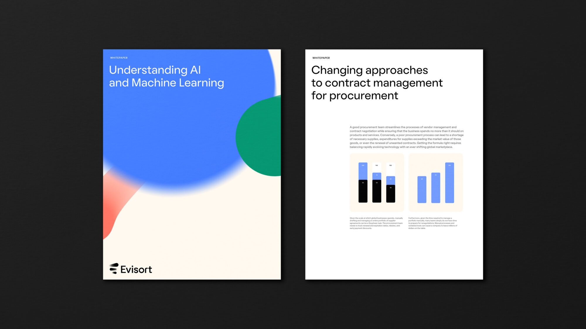 Two pages of a whitepaper on a black background featuring the Evisort logo textures.