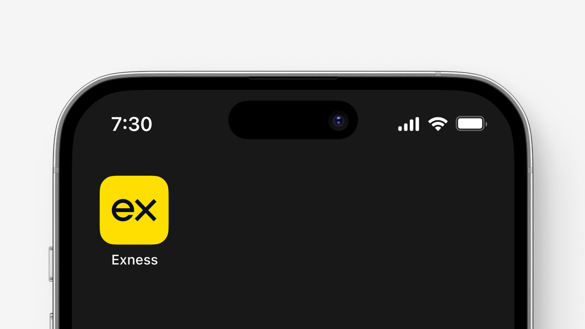 The top of a iPhone home screen with the Exness app in yellow and black on it.