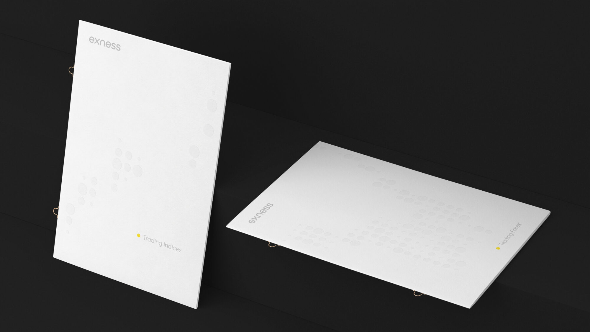 Two white leaflets on a black background with the Exness wordmark and texture on them.