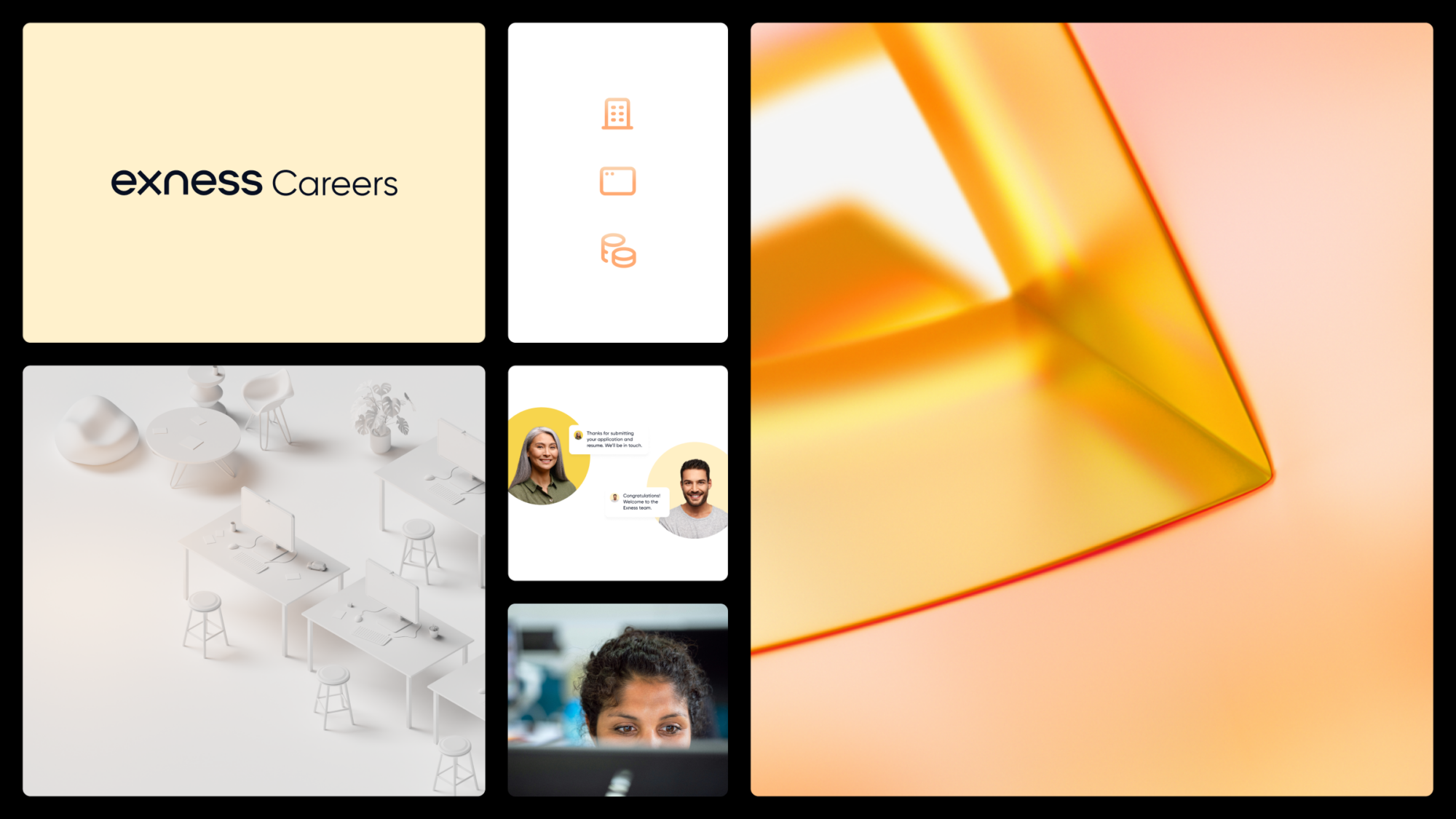A grid of the Exness Careers sub brand assets.