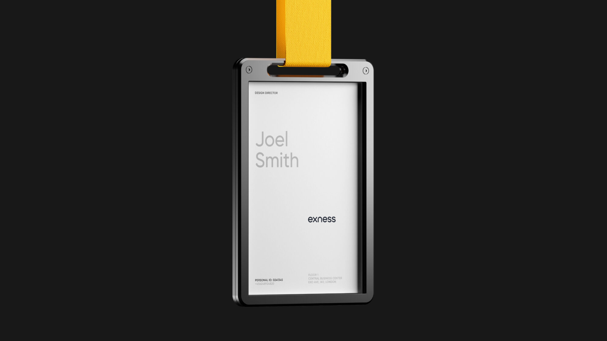 A name badge in the brand colours with the Exness wordmark on it.