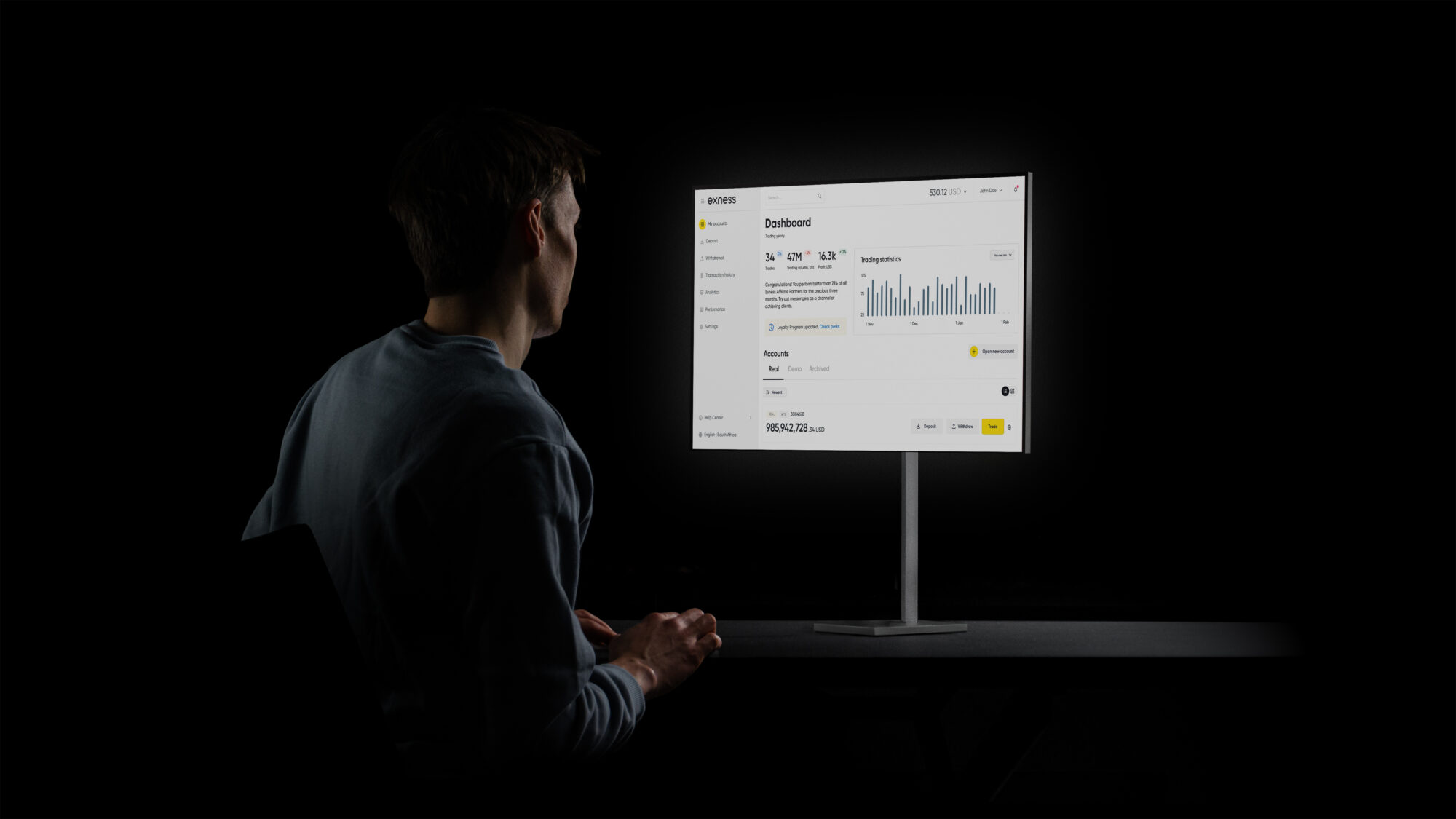 A person looking at a monitor showing a dashboard of the Exness product.